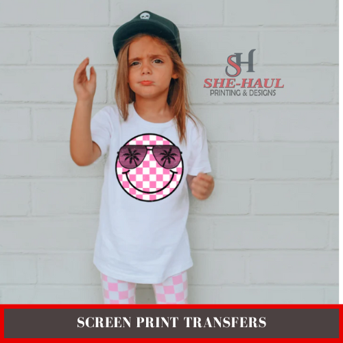 Full Color Screen Print Transfer (Ready To Ship) - CHECKERED BEACH SMILEY