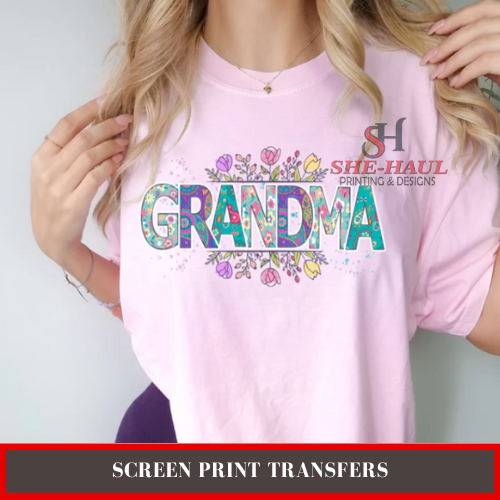 Full Color Screen Print Transfer (Ready To Ship) - Floral Grandma